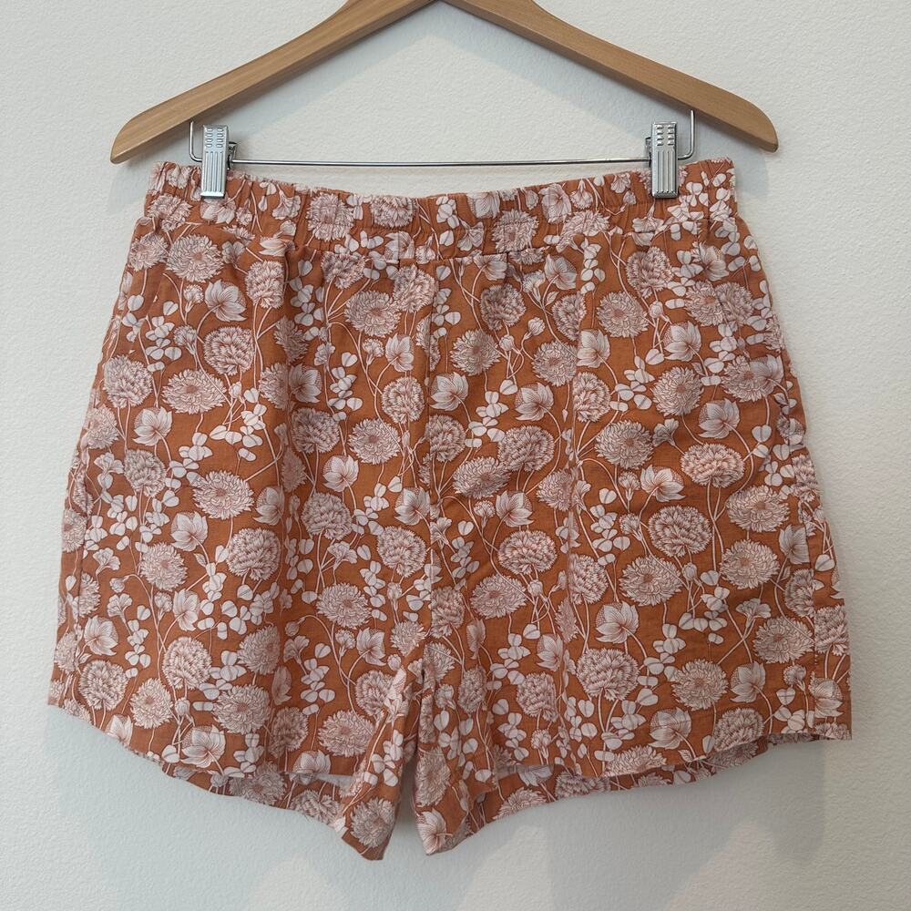 Saks Fifth Avenue natural linen cotton blend floral orange high waisted shorts